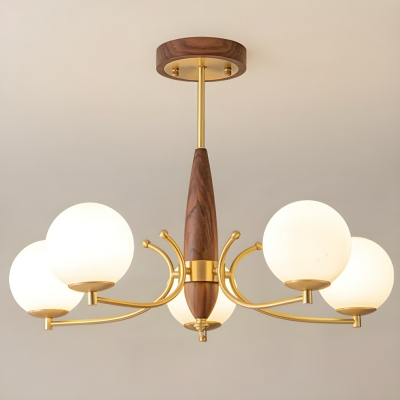 Modern Wood Globe Chandelier with White Glass Shades and Direct Wired Electric Power Source