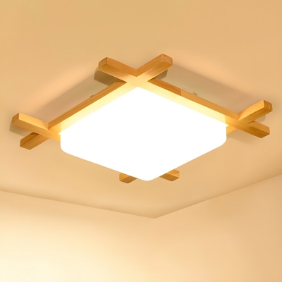 Yellow LED Flush Mount Wood Ceiling Light with White Acrylic Shade