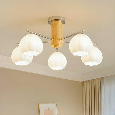 Modern White Glass Chandelier with Wood Accents and Bi-pin Lights