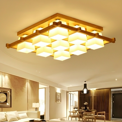 Modern Wood and Glass Flush Mount Ceiling Light with Downward Shade