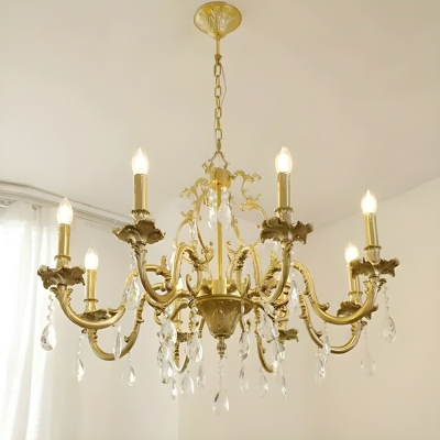 Elegant Brass Candelabra Chandelier with Crystal Components and Adjustable Hanging Length