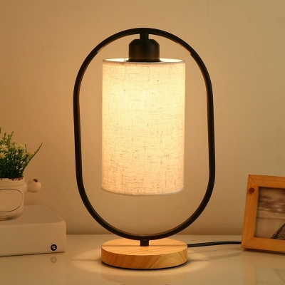 Elegant Natural Wood Modern Table Lamp with Fabric Shade and LED Light