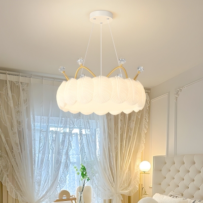 Modern White Drum Chandelier with Beige Plastic Shade, LED Bulbs, and Adjustable Hanging Length