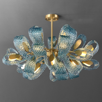 Blue Chandelier with Glass Shades and Blue LED lights Reflection