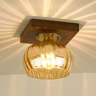 Industrial Wood Close To Ceiling Light with Glass Shade for Residential Use