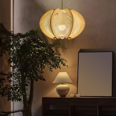 Modern Wood Pendant Light with Adjustable Cord - Stylish Rattan Shade for Home Decor