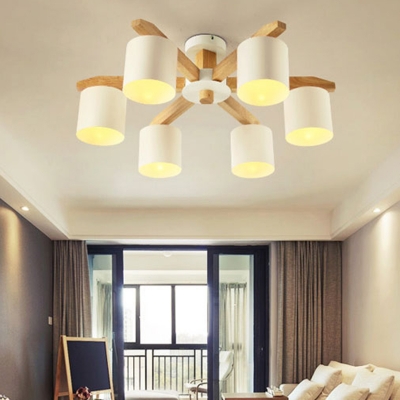 Wood Sputnik Chandelier with White Iron Shades - Modern Style LED Ceiling Light