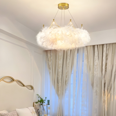 Fashionable White Feather Drum Chandelier with LED Lights and Adjustable Hanging Length