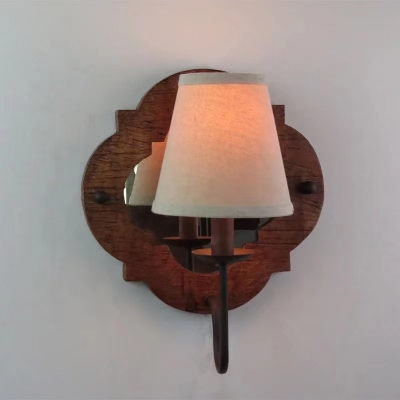 Modern Wooden LED Wall Sconce with White Fabric Shade for Bedroom