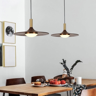 Contemporary Walnut Pendant Light with Round Canopy and LED Bulb