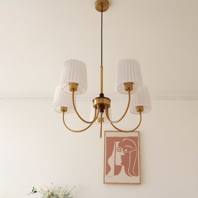 Glimmering Gold Modern Chandelier with Elegant White Fabric Shades and Adjustable Length