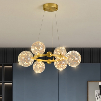 Modern LED Chandelier with Clear Glass Shade and Adjustable Hanging Length in Metal