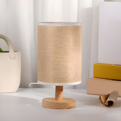 Modern Natural Wood Rechargeable LED Table Lamp with Ambient Fabric Shade