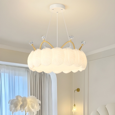 Modern White Drum Chandelier with Beige Plastic Shade, LED Bulbs, and Adjustable Hanging Length