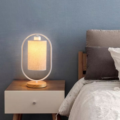 Elegant Natural Wood Modern Table Lamp with Fabric Shade and LED Light