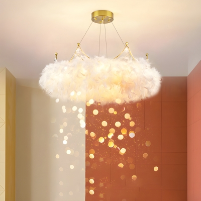 Fashionable White Feather Drum Chandelier with LED Lights and Adjustable Hanging Length