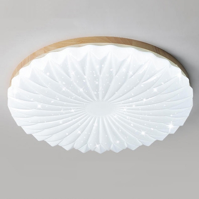 Modern Wood LED Flush Mount Ceiling Light with White Plastic Shade