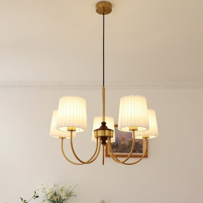 Glimmering Gold Modern Chandelier with Elegant White Fabric Shades and Adjustable Length