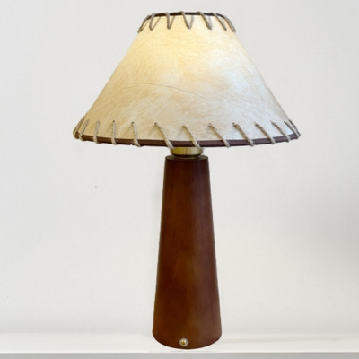 Contemporary Walnut Table Lamp with White Fabric Shade - Modern LED Lighting for Residential Use