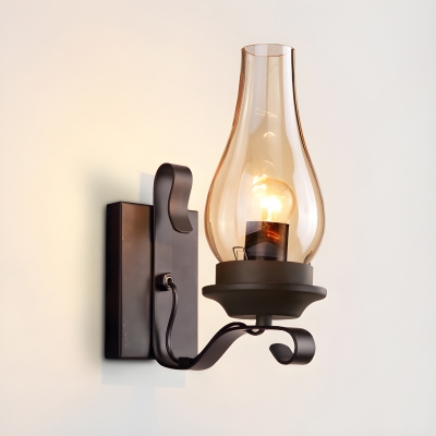 Industrial Black Metal 1-Light Wall Lamp with Transparent Glass Shade