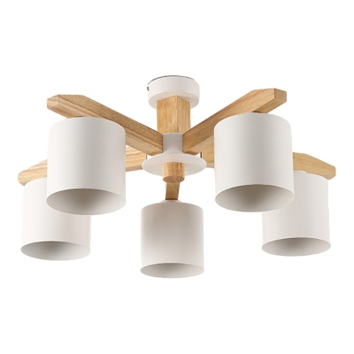 Wood Sputnik Chandelier with White Iron Shades - Modern Style LED Ceiling Light