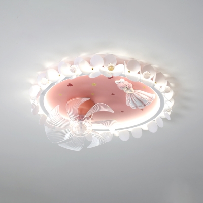 Pink Modern Flush Mount Ceiling Fan with Dimmable LED Light and Pink Metal Finish