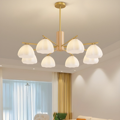 Elegant Gold Metal Chandelier with Bi-pin Lights and White Glass Shades for Residential Use