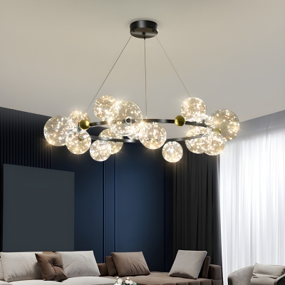 Modern LED Chandelier with Clear Glass Shade and Adjustable Hanging Length in Metal