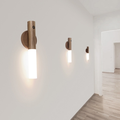 Modern Rechargeable Wood 1-Light Frosted Glass Wall Lamp with Ambient Shade