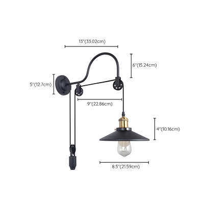 Black Metal Industrial 1-Light Wall Lamp with Down Shade - Hardwired LED/Incandescent/Fluorescent