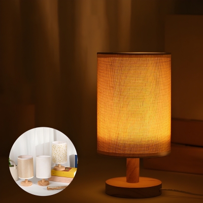 Modern Natural Wood Rechargeable LED Table Lamp with Ambient Fabric Shade
