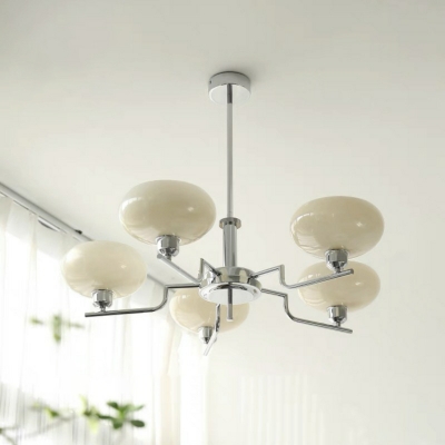Modern Metal Chandelier with White Glass Shades – Elegant Lighting with Adjustable Hanging Length