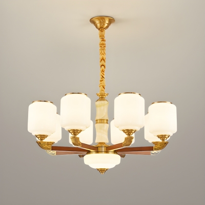 Modern Wood Chandelier with Glass Shades and Adjustable Length Hanging for Residential Use
