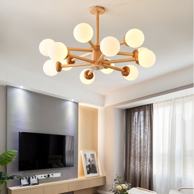 Contemporary Wood Chandelier with White Glass Shades - Modern LED Fixture for Residential Use