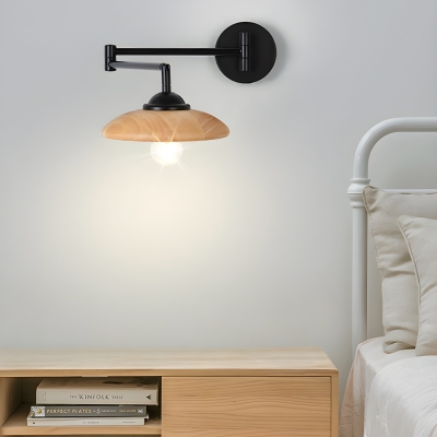Contemporary Down-Lite Black Metal LED Wall Lamp with Solid Wood Shade