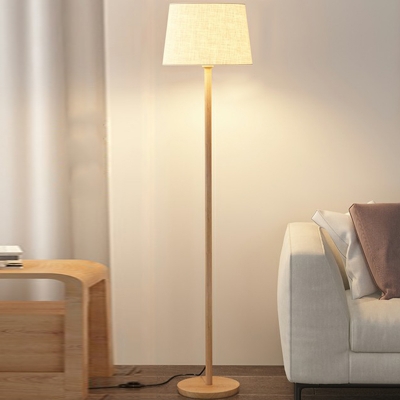 Wooden Modern Floor Lamp with Foot Switch and Beige Fabric Shade