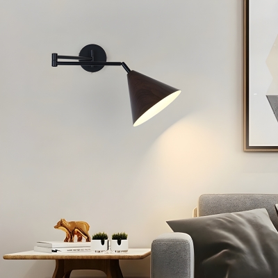 Contemporary Down-Lite Black Metal LED Wall Lamp with Solid Wood Shade