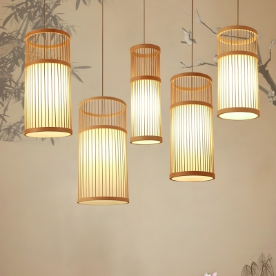 1-Piece Modern Bamboo Pendant Light with Adjustable Hanging Length and White Fabric Shade