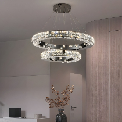 Modern Black 2-Light Chandelier with Remote Control Stepless Dimming and Clear Crystal Shades