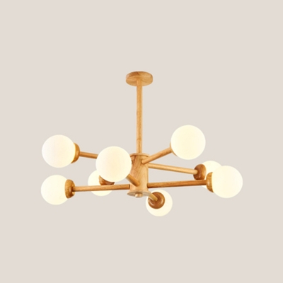 Contemporary Wood Chandelier with White Glass Shades - Modern LED Fixture for Residential Use
