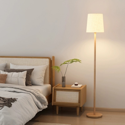 Wooden Modern Floor Lamp with Foot Switch and Beige Fabric Shade