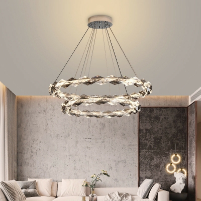 Chrome Chandelier with Clear Crystal Shades and Adjustable Hanging Length