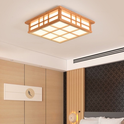 Modern Flush Mount Wood Ceiling Light with White Acrylic Shade - Natural, LED Bulbs, 1 Light