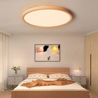 Modern Wood Flush Mount LED Bulb Ceiling Light with White Shade