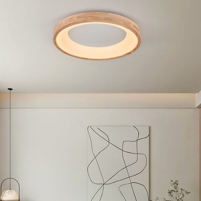 Natural Wood Flush Mount Ceiling Light with White Acrylic Shade - Modern Style