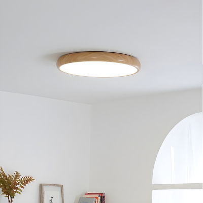 Wooden Panel LED Bulb Modern Flush Mount Ceiling Light with Rubber Wood Shade for Residential Use
