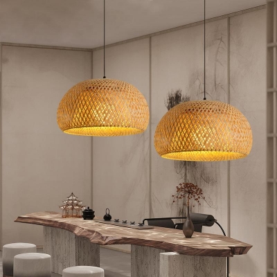 Boho Rattan Pendant Light with Adjustable Hanging Length and Natural Wood Shade