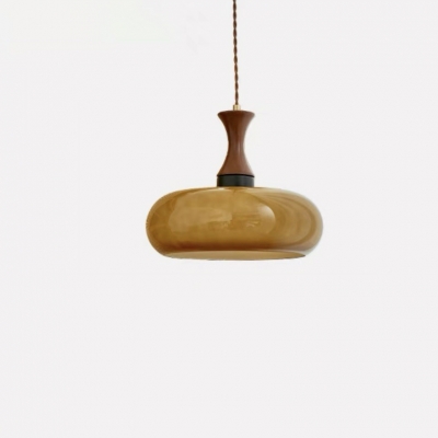 Traditional Walnut Wood Pendant Light with Glass Shade for Dinning Room