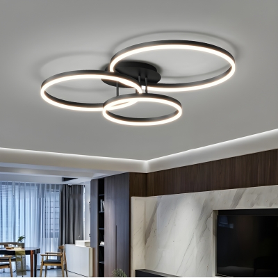 Modern Black Round Semi-Flush Ceiling Light with Led Light Source for Living Room & Bedroom