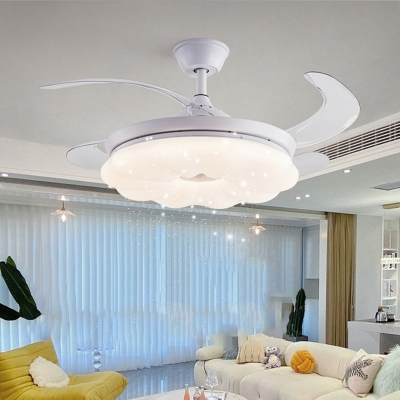 Modern White Ceiling Fan, Metal Construction, Downrods Mounting, 1 Light, Dimming, Remote Control